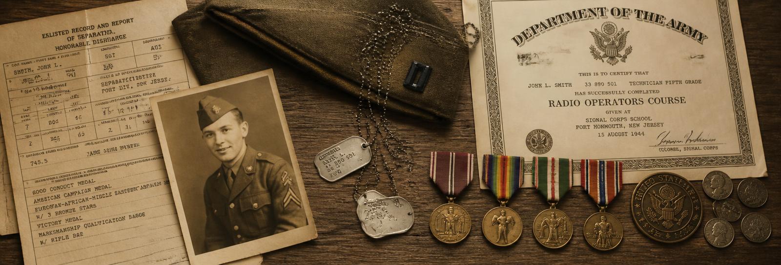 Army service records, dog tags, medals and a Department of the Army certificate